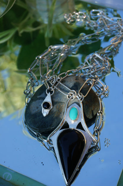 Cascade - Exceptional turquoise, celestial eye obsidian &amp; black spinel necklace