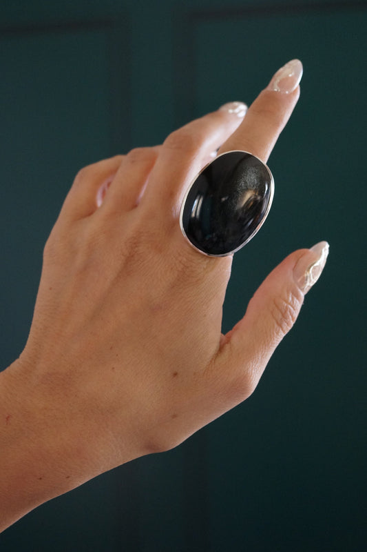 grosse bague argent obsidienne audacieuse