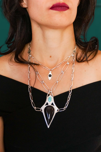 Cascade - Exceptional turquoise, celestial eye obsidian &amp; black spinel necklace